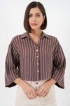 Kadın Çizgili Oversize Kısa Gömlek 20326 - Kahverengi