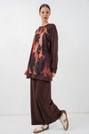 Kadın Desenli Oversize Tunik Pantolon İkili Takım 55462 - Kahverengi