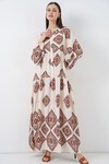 Kadın Desenli Uzun Tesettür Elbise 2585 - Ekru Kahve
