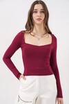 Kadın Kare Yaka Slim Fit Bluz 986 - Bordo