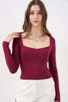 Kadın Kare Yaka Slim Fit Bluz 986 - Bordo