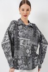 Kadın Oversize Desenli Saten Gömlek 20365 - Antrasit
