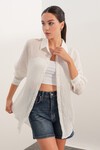 Kadın Çizgili Oversize Gömlek 20409 - Beyaz