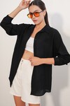 Kadın Çizgili Oversize Gömlek 20409 - Siyah