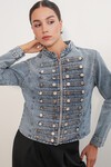 Kadın Dar Kesim Düğmeli Denim Ceket 0764 - Mavi