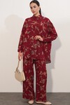 Kadın Desenli Oversize Gömlek Pantolon İkili Takım 30098 - Bordo