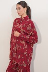 Kadın Desenli Oversize Gömlek Pantolon İkili Takım 30098 - Bordo